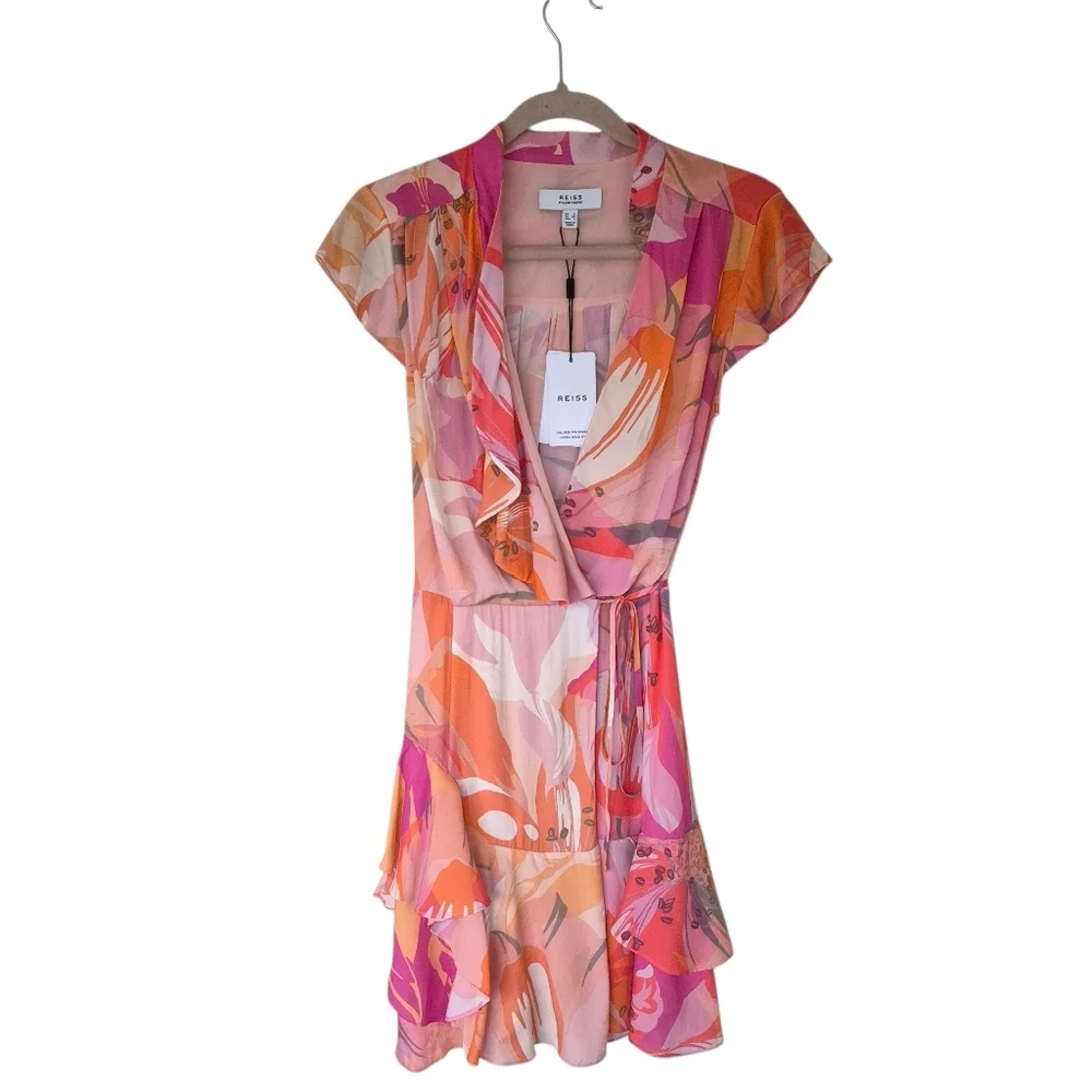 Reiss Marseille Floral Tropical Print Mini Wrap Dress NWT - Picture 4 of 9